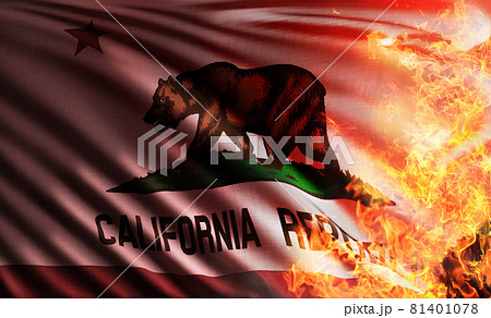 ディキシー・ファイアの火事で燃えるアメリカのカリフォルニア州の旗の3Dイラスト。 ディキシー・ファイアの火事で燃えるアメリカのカリフォルニア州の旗の3Dイラスト。 81401078