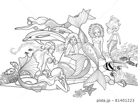 Group of graphic mermaids with the diverse appearance 81401223