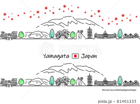 山形県の観光地の街並みと新型コロナウイルスのシンプル線画セット 81401335
