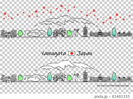 山形県の観光地の街並みと新型コロナウイルスのシンプル線画セット 81401335