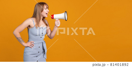 Horizontal portrait of young beautiful girl isolated on yellow studio background. Concept of human emotions, facial expression, youth, sales, ad. Horizontal portrait of young beautiful girl isolated on yellow studio background. Concept of human emotions, facial expression, youth, sales, ad. 81401892