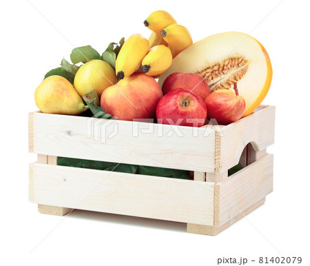 Fresh fruits in a wooden box isolated on a white background. 81402079