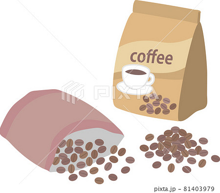 コーヒー豆と袋に入ったコーヒー二袋のイラスト素材