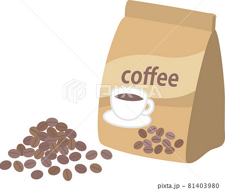 コーヒー豆と袋に入ったコーヒーのイラスト素材