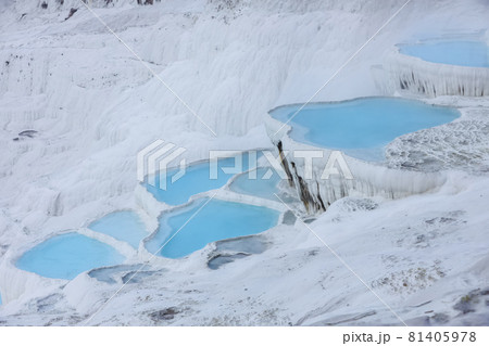 Natural travertine pools and terraces in Pamukkale. Cotton castle in southwestern Turkey.  81405978