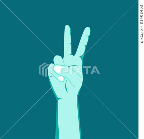 Man hand gesturing peace sign V on blue 81408403