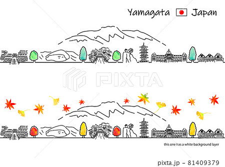 秋の山形県の観光地の街並みのシンプル線画セット 81409379