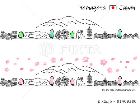 春の山形県の観光地の街並みのシンプル線画セット 81409380