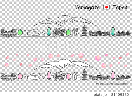 山形縣春季觀光地街景簡易線描圖 81409380