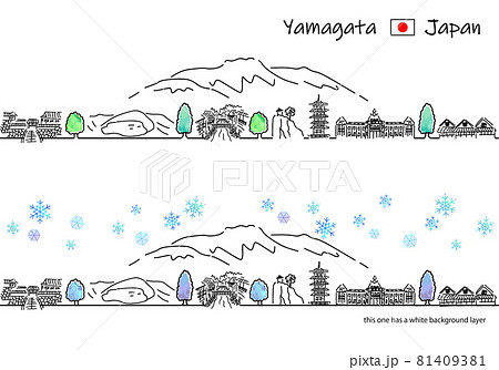 冬の山形県の観光地の街並みのシンプル線画セットのイラスト素材