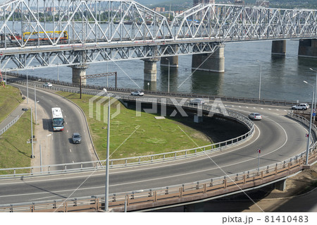 Road junction under a metal railway bridge. Road junction under a metal railway bridge. 81410483