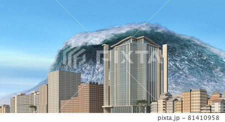 Tsunami wave apocalyptic water view urban flood Storm. 3D illustration Tsunami wave apocalyptic water view urban flood Storm. 3D illustration 81410958