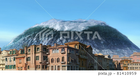 Tsunami wave apocalyptic water view urban flood Storm. 3D illustration Tsunami wave apocalyptic water view urban flood Storm. 3D illustration 81410959