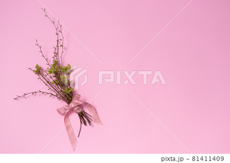 Bouquet from twigs with buds and early leaves. Copy space. Bouquet from twigs with buds and early leaves. Copy space. 81411409