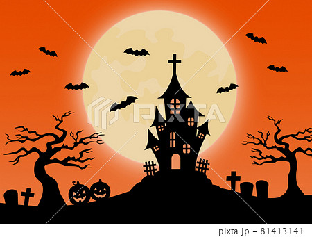 ハロウィン　満月の夜　オレンジ色の背景素材 81413141
