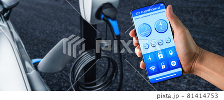 EV charging station for electric car with mobile app display charger status EV charging station for electric car with mobile app display charger status 81414753