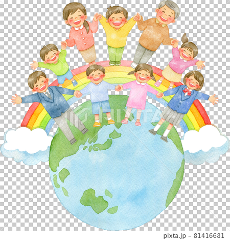 Watercolor illustration of people holding hands and the earth over a rainbow Watercolor illustration of people holding hands and the earth over a rainbow 81416681