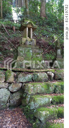 佐賀県有田町の山の中の唐船城の城跡に残る苔むした祠と階段と石垣 81419782
