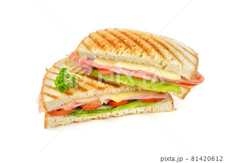Pressed and toasted sandwich with ham and cheese on white background 81420612