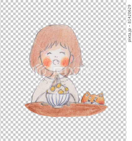 手描きイラスト 栗ご飯食べる人と犬のイラスト素材