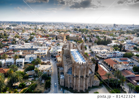Aerial view of Lala Mustafa Pasha Mosque and its surroundings. Famagusta, Cyprus 81422324
