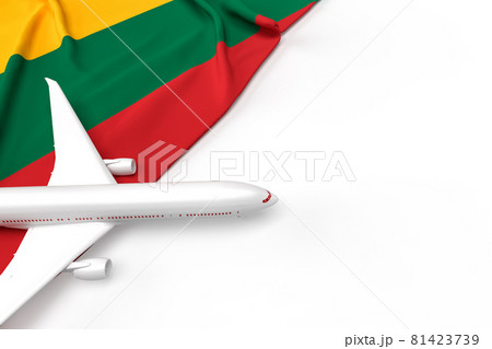 Passenger airplane and flag of Lithuania. 3D illustration Passenger airplane and flag of Lithuania. 3D illustration 81423739