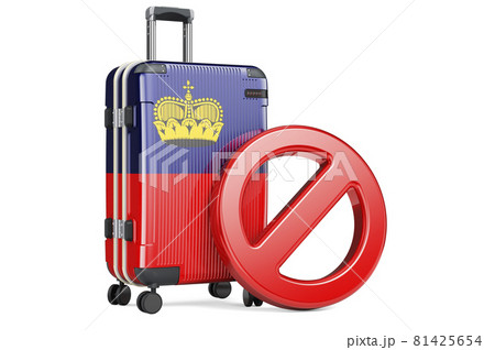 Liechtenstein Entry Ban. Suitcase with Liechtensteiner flag and prohibition sign. 3D rendering 81425654