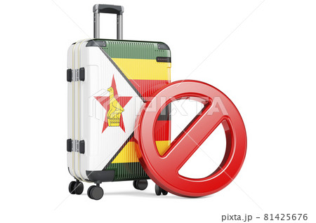 Zimbabwe Entry Ban. Suitcase with Zimbabwean flag and prohibition sign. 3D rendering 81425676