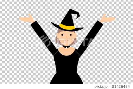 ハロウィンの仮装、魔女姿の女の子が両腕を上げるポーズ 81426454