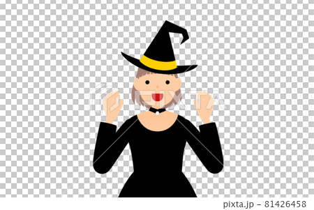 ハロウィンの仮装、魔女姿の女の子が両手を構えて驚かせるポーズ ハロウィンの仮装、魔女姿の女の子が両手を構えて驚かせるポーズ 81426458