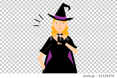 ハロウィンの仮装、魔女姿の女性が胸を叩いているお任せあれのポーズ 81426476