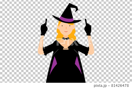 Halloween costume, pose of a woman in a witch pointing with both hands 81426478