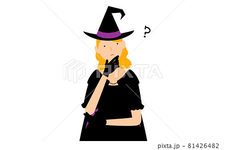 ハロウィンの仮装、魔女姿の女性が腕組みして悩むポーズ ハロウィンの仮装、魔女姿の女性が腕組みして悩むポーズ 81426482