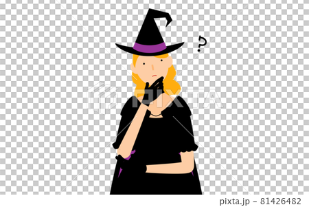 ハロウィンの仮装、魔女姿の女性が腕組みして悩むポーズ ハロウィンの仮装、魔女姿の女性が腕組みして悩むポーズ 81426482