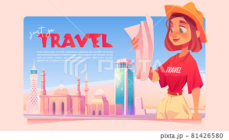 Just go travel cartoon banner, girl learning map 81426580