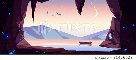 Cave seaview landscape with lonely wooden boat Cave seaview landscape with lonely wooden boat 81426628
