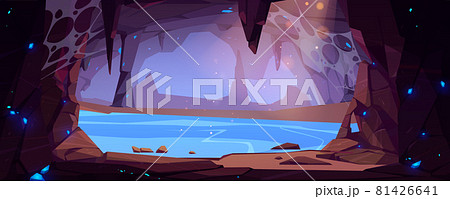 Underground cave with water and blue crystals 81426641