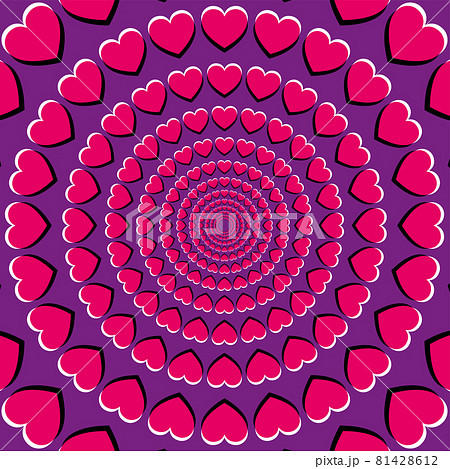 Motion illusion with heart symbols. Peripheral drift illusion, made of pink hearts on a purple background. It seems, the hearts are moving and drifting to the center, while you move your eyes. Vector. 81428612