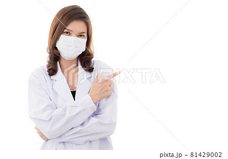 Doctor rise hands and pose adversing manner 81429002