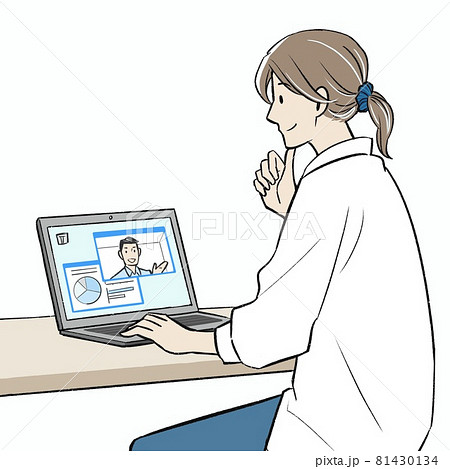 オンラインで会話しながら在宅ワークする若い女性イラストのイラスト素材