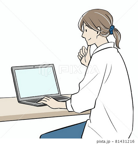 パソコン画面を見ている若い女性イラストのイラスト素材