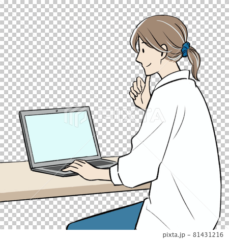 パソコン画面を見ている若い女性イラストのイラスト素材
