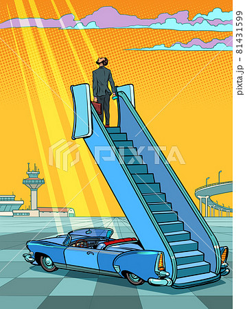 A man stands on the stairs to the sky. Airport ramp 81431599