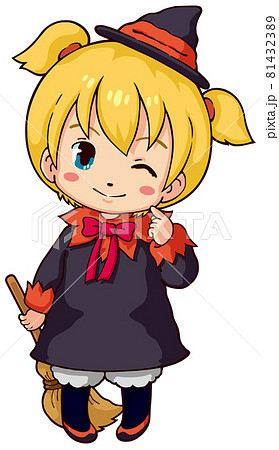 ハロウィン魔女コスチュームのかわいい女の子のイラスト素材