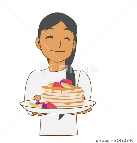パンケーキを持って微笑む少女のイラスト素材