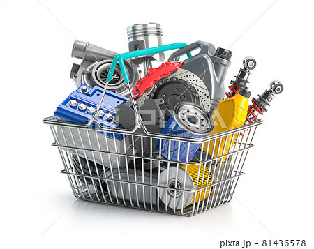 Car Parts And Auto Spare In Shopping Basket のイラスト素材 Car Parts And Auto Spare In Shopping Basket のイラスト素材