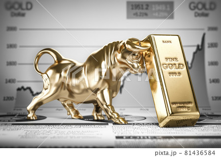Golden ingot and bull on graph.  Bull market trend in gold. 81436584