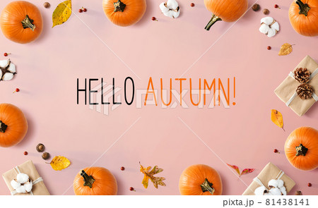 Hello autumn message with autumn pumpkins with present boxes 81438141