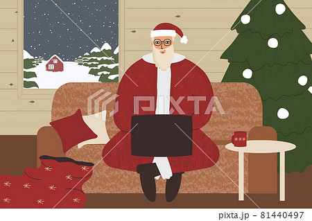 Santa Clause sits on the sofa with laptop in wooden house. Online video conference with families and children at Christmas time. Vector illustration 81440497
