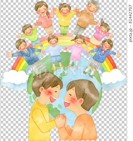 父母與孩子手牽手、地球上空出現彩虹、人們手牽手的水彩插圖 81442707